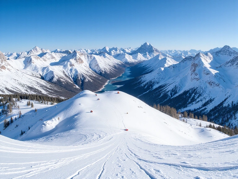 Snowy mountain landscape with skiers