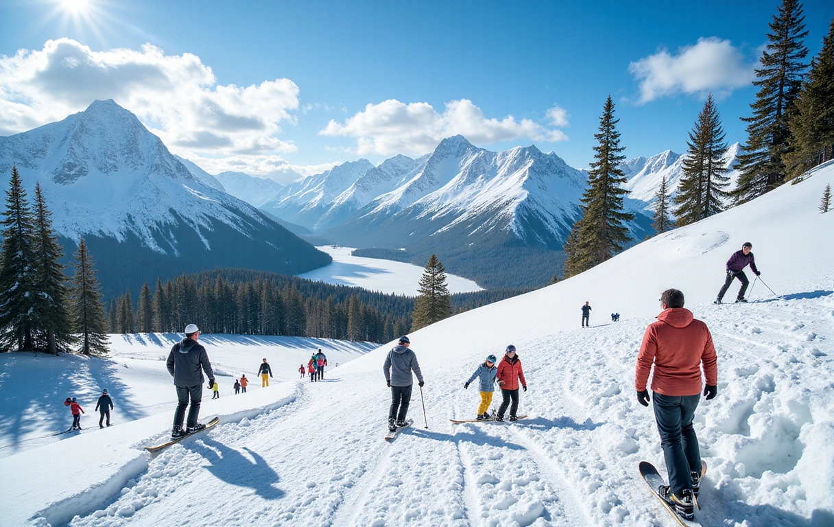 A group of people enjoying winter sports on a snowy mountain, with ski slopes and pine trees in the background under a clear blue sky.