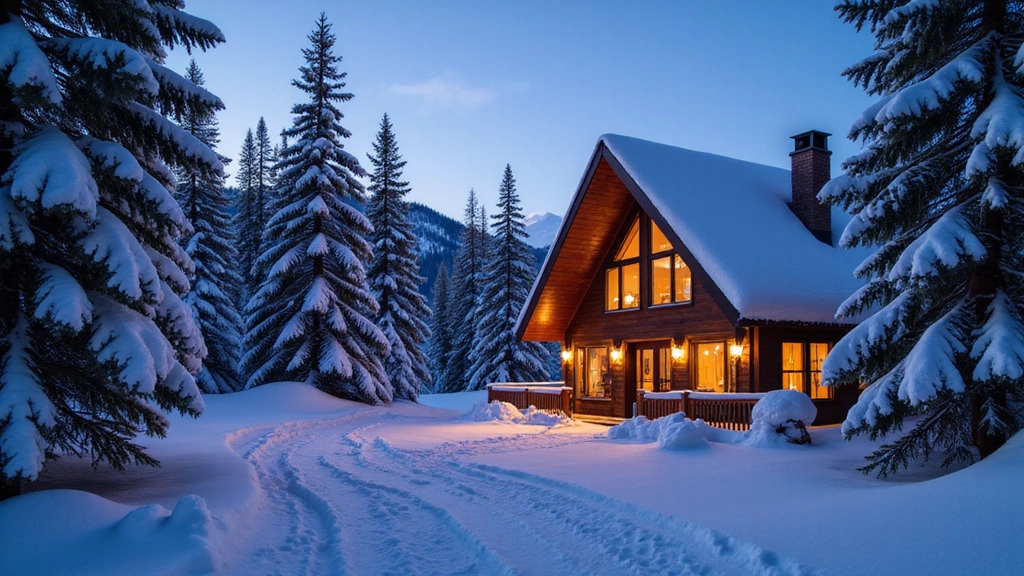 A cozy, inviting winter cabin nestled in a snowy landscape, with warm lights glowing from the windows and smoke gently rising from the chimney.
