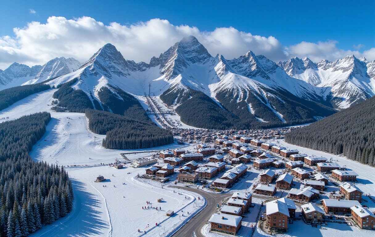 An aerial view of a vibrant ski resort town with snow-covered chalets, ski lifts, and bustling slopes, surrounded by majestic mountains under a bright sky.