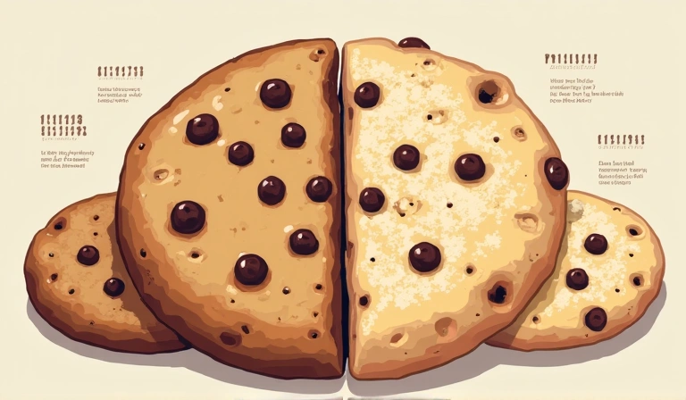Illustration of various types of cookies, such as chocolate chip cookies and digital cookies represented by binary code