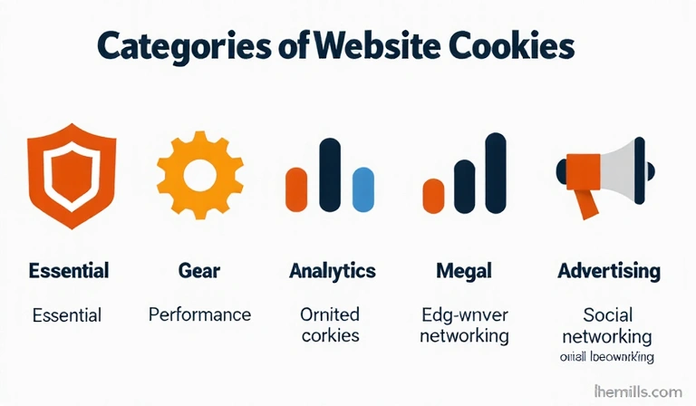 Infographic showing different categories of cookies: essential, performance, analytics, advertising, and social networking, with small icons representing each type