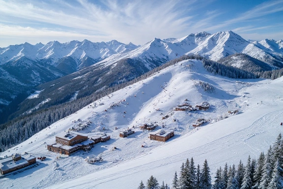 Aerial view of a ski resort with multiple slopes and lifts
