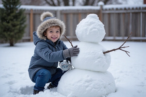 Child building a snowman in a snowy backyard