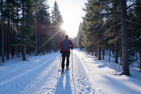 Cross-country skier gliding through a snowy forest trail