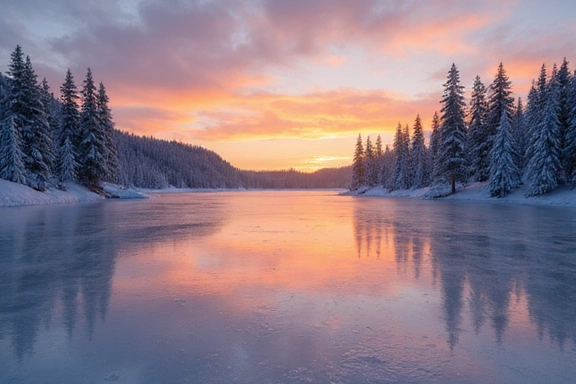 Frozen lake surrounded by snow-covered pine trees at sunset