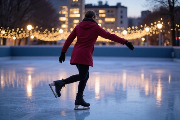 Ice skater performing on an outdoor rink with city lights in background