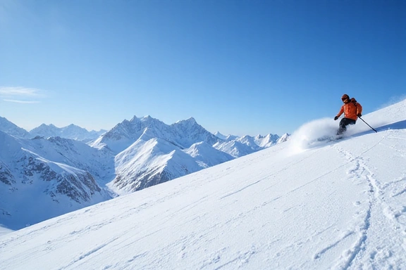 Skier descending a snow-covered mountain with a clear blue sky