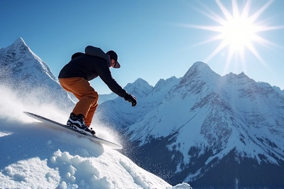 Snowboarder performing an aerial trick against a mountain backdrop