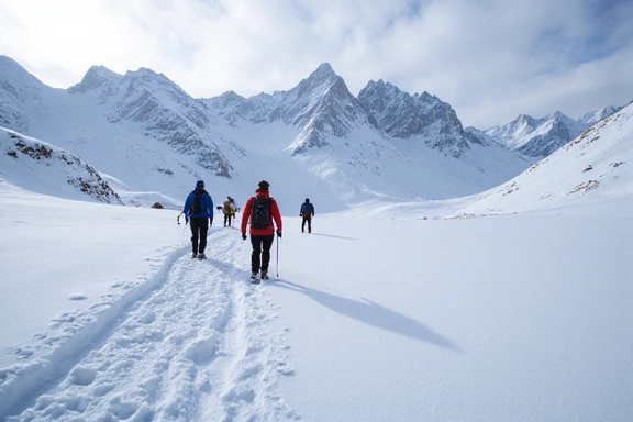 Snowshoeing group exploring a pristine snowy wilderness
