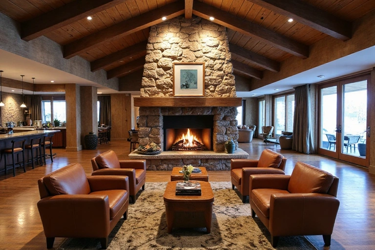 Luxurious ski resort hotel lobby with a fireplace and comfortable seating
