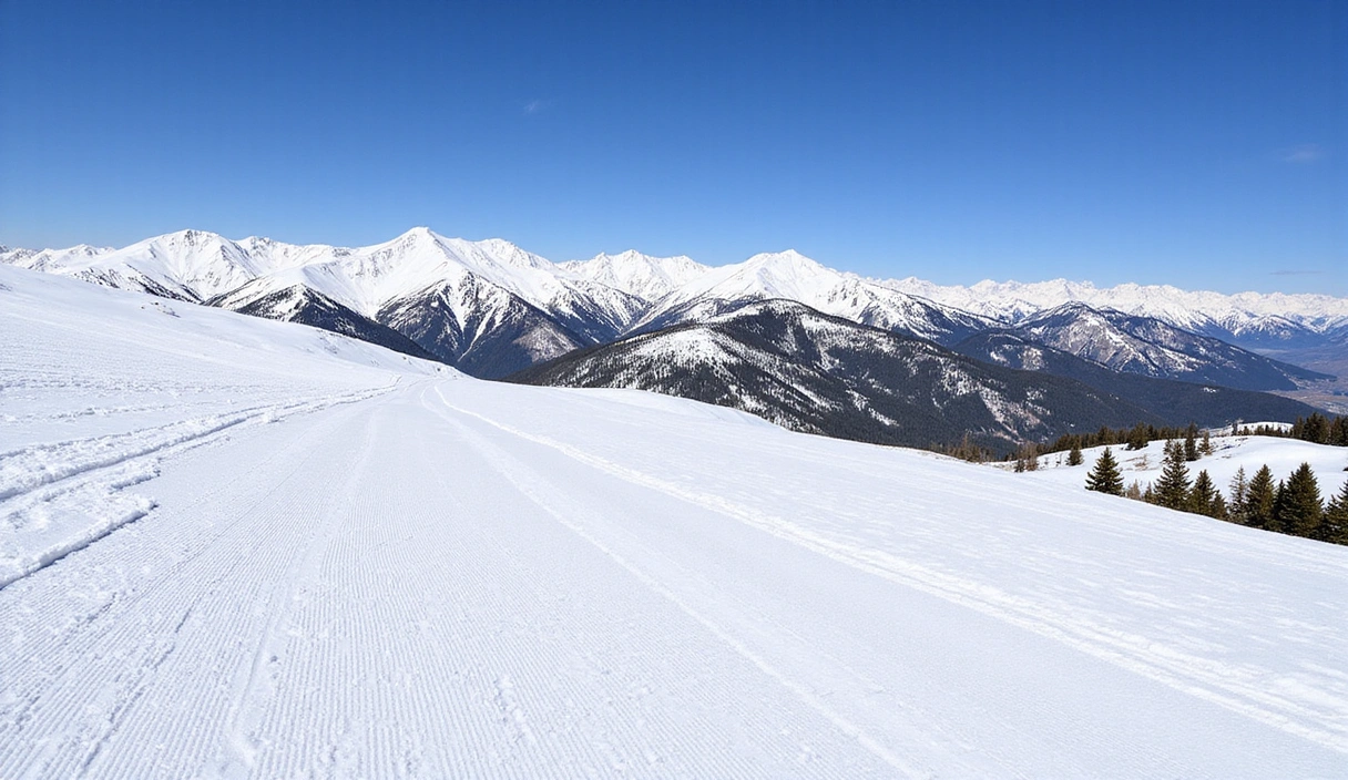 Panoramic view of Snowmass mountain with groomed ski runs and distant peaks