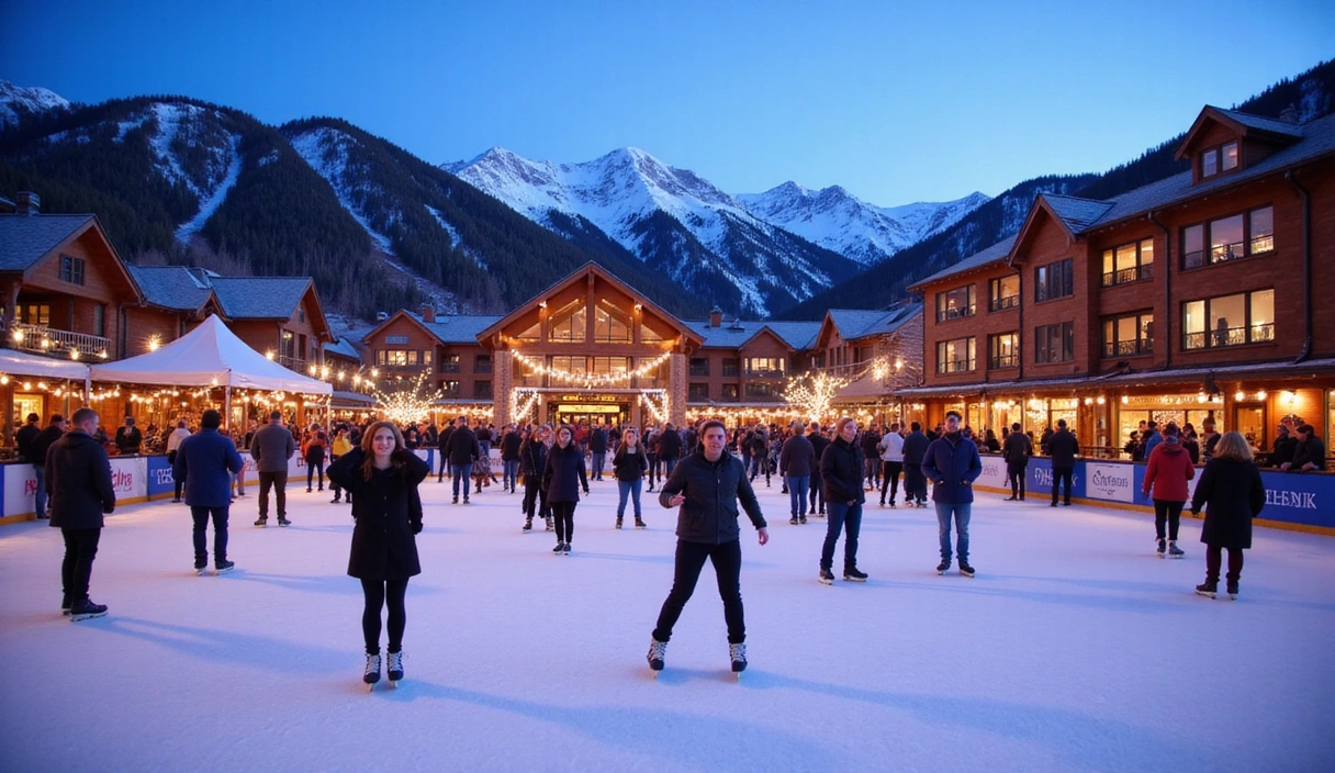 People enjoying ice skating on an outdoor rink in Aspen with mountains in the background