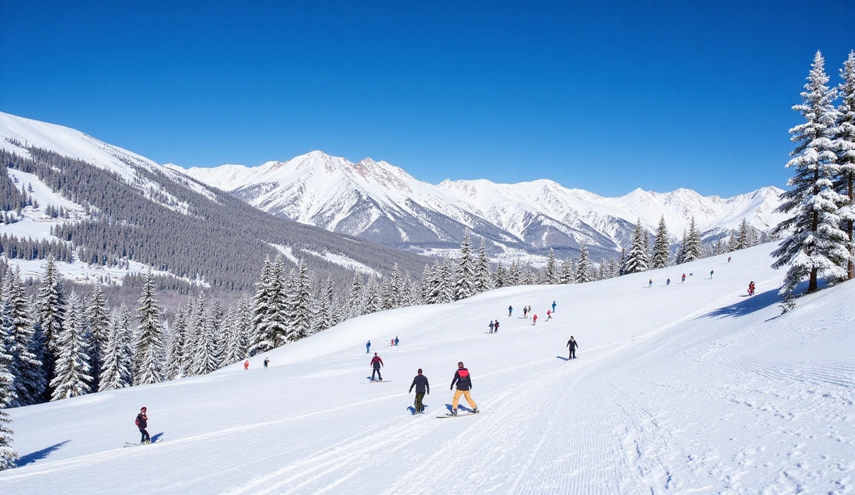 Scenic views of Aspen Snowmass ski slopes with skiers and snowboarders enjoying the fresh powder