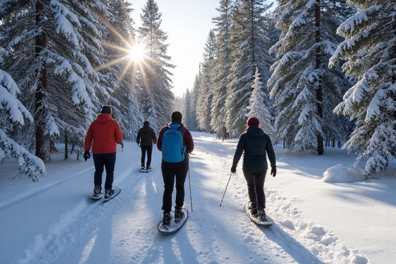 People snowshoeing through a winter forest