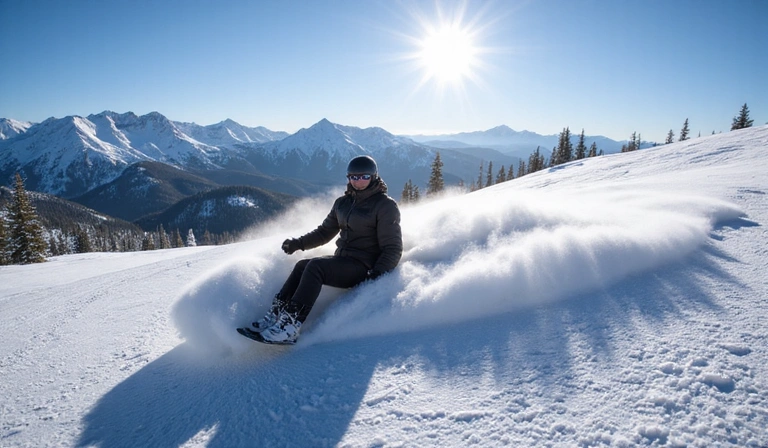 Snowboarder in deep powder at Mammoth Mountain