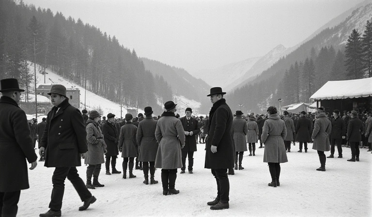 A black and white photo of the opening ceremony of the first Winter Olympics in Chamonix, 1924.
