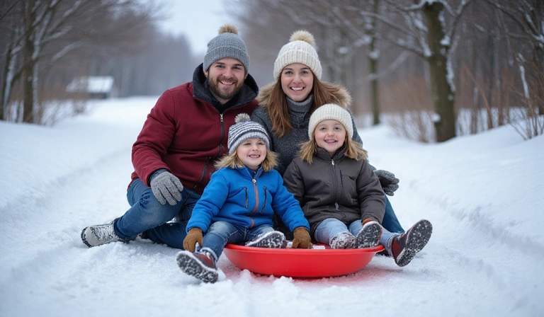 A family enjoying a day of sledding down a gentle snowy slope, laughing.