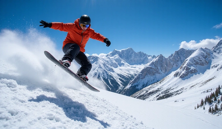 A snowboarder mid-air performing a trick against a snowy mountain backdrop.