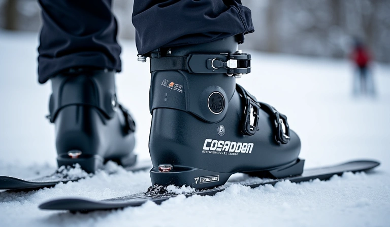 A close-up of high-performance ski boots and bindings, showcasing modern design.