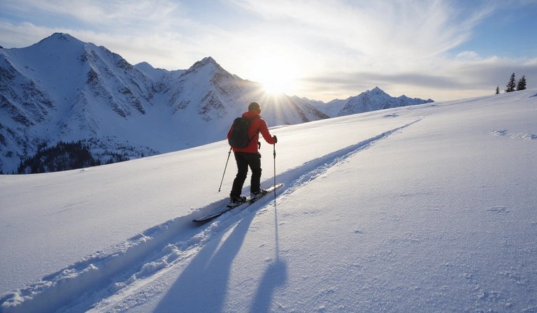 A skier gracefully navigating through powder snow in a pristine backcountry setting.