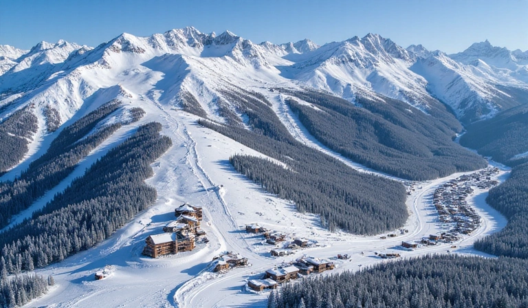 An aerial view of a bustling ski resort with numerous runs and lodges.