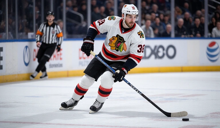 An ice hockey player in action, stickhandling the puck on a rink.