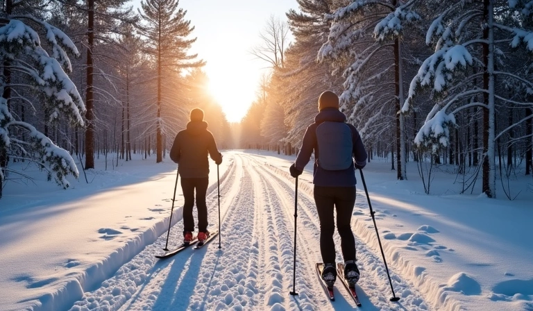 Two cross-country skiers gliding through a pristine, snow-covered forest.