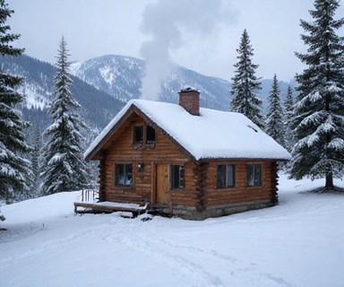 Cozy cabin in a snowy landscape