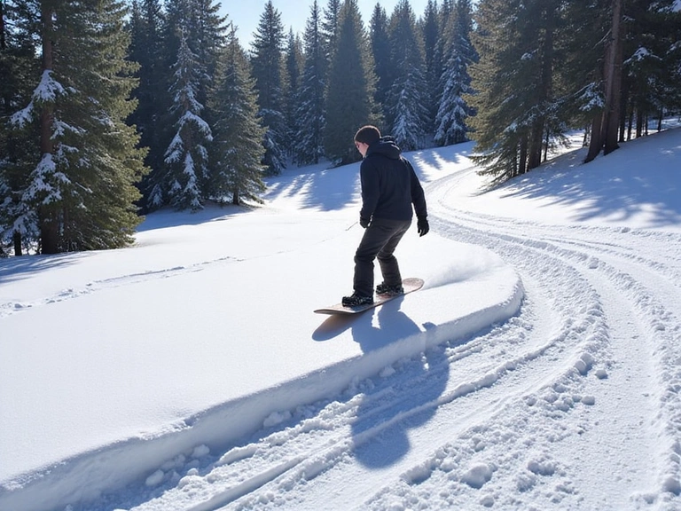 Snowboarder carving on fresh powder