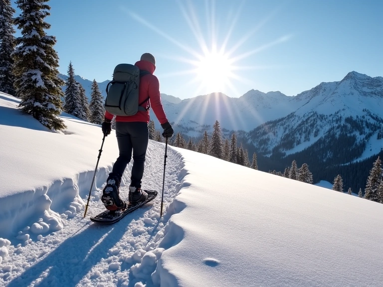 Snowshoer on a mountain trail
