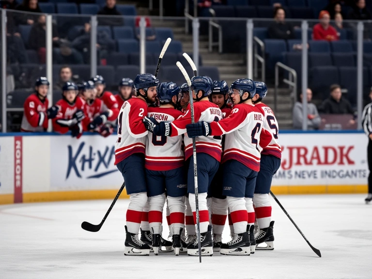 Youth hockey team celebrating a goal